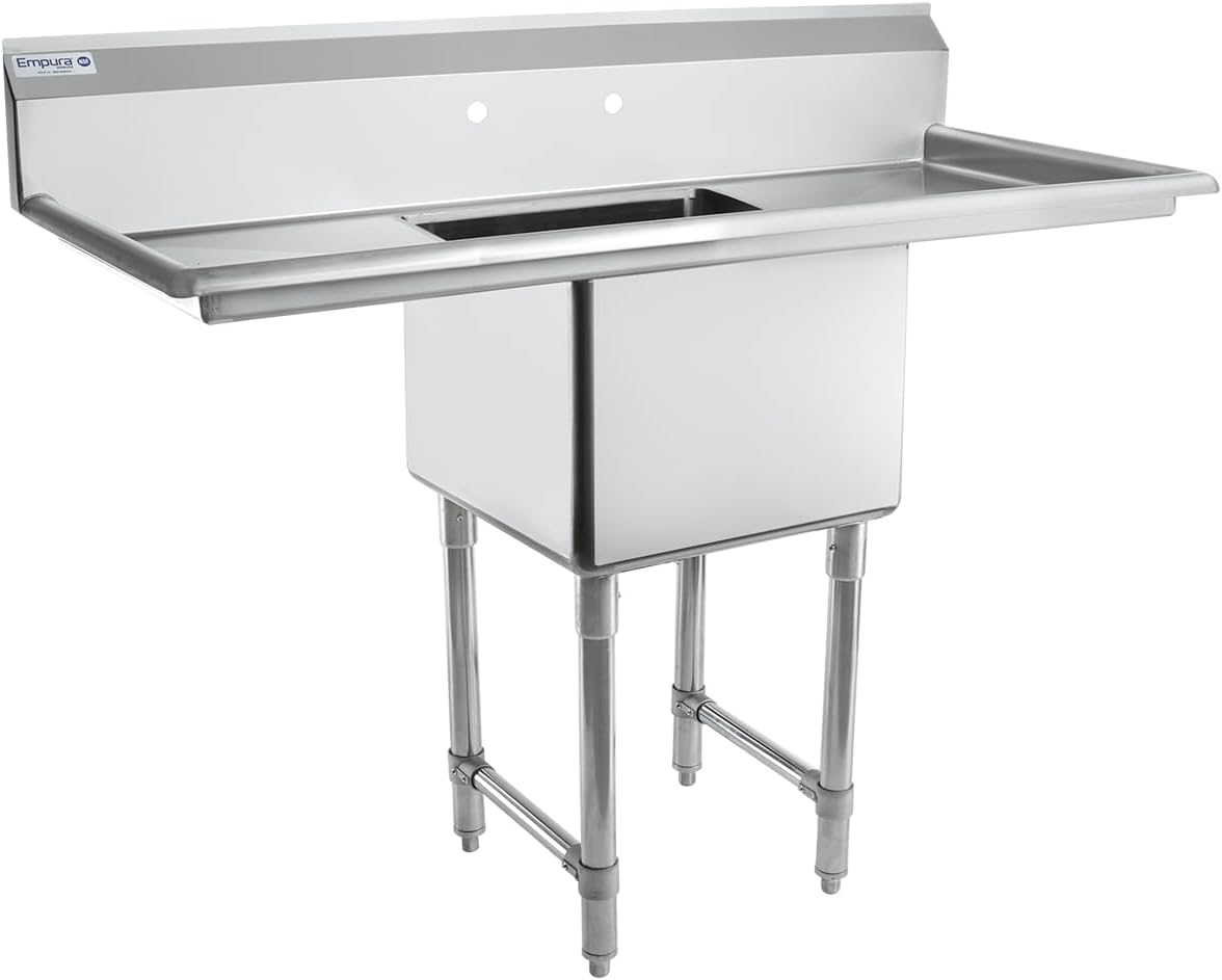 Empura 54' Wide Stainless Steel One Compartment Commercial Sink | Utility 18' x 18' Bowl for Restaurant Laundry Garage | (2) 18' Drainboard, 9.75' Backsplash, 54'W x 23.5'D x 44.25'H, 16 Gauge, NSF