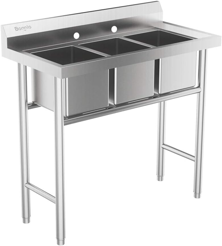 Bonnlo 3-Compartment NSF 304 Stainless Steel Utility Sink Commercial Grade Laundry Tub Culinary Sink for Outdoor Indoor, Garage, Restaurant, Kitchen, Laundry/Utility Room - 39' W x 18' D x 40.2' H