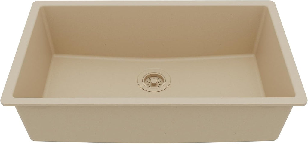 Karran Undermount 33' Large Single Bowl Granite Quartz Composite Kitchen Sink in Bisque – Extra Deep 9' Basin, Heat & Scratch Resistant, Sound Dampening, Rear Drain – QU-812