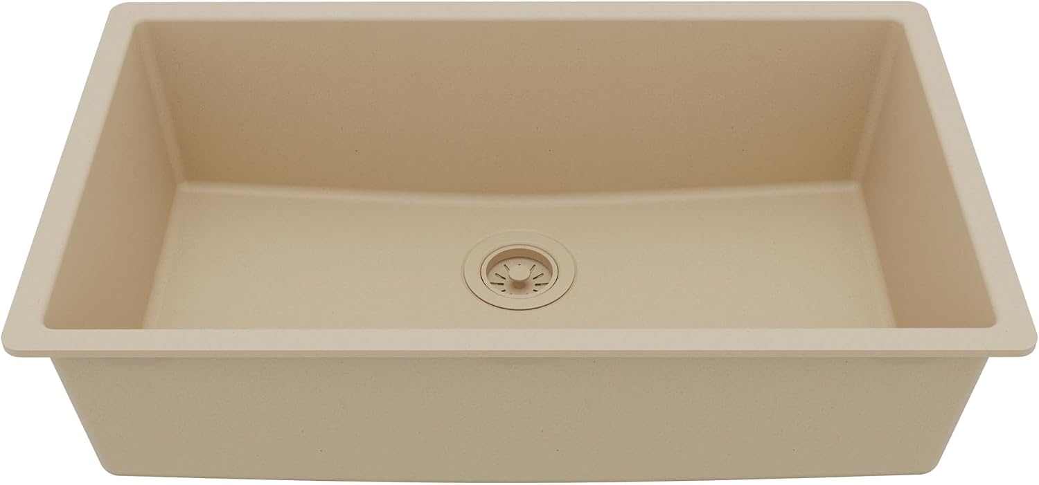 Karran Undermount 33' Large Single Bowl Granite Quartz Composite Kitchen Sink in Bisque – Extra Deep 9' Basin, Heat & Scratch Resistant, Sound Dampening, Rear Drain – QU-812