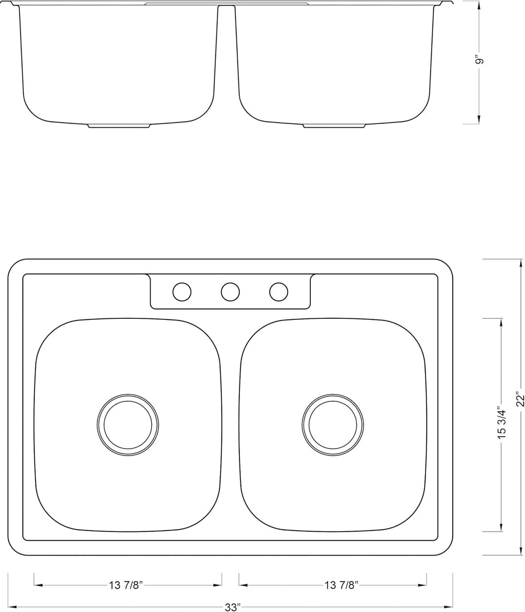 CozyBlock 33 inch Topmount Drop-In Stainless Steel 18 Gauge Double Bowl 50/50 Kitchen Sink w/ 3 Faucet Holes (Sink Only)