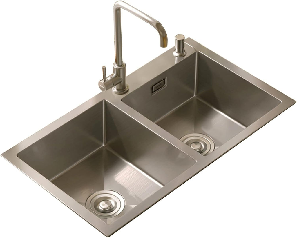 304 Stainless Steel Kitchen Sink Silver Double Bowl Bar Prep Sink RV Sink with Drain Pipe and Installation Kit Drop in Or Undermount (Color : NO Faucet, Size : 72x40x21cm) (Ahave Faucet 80x45x21c