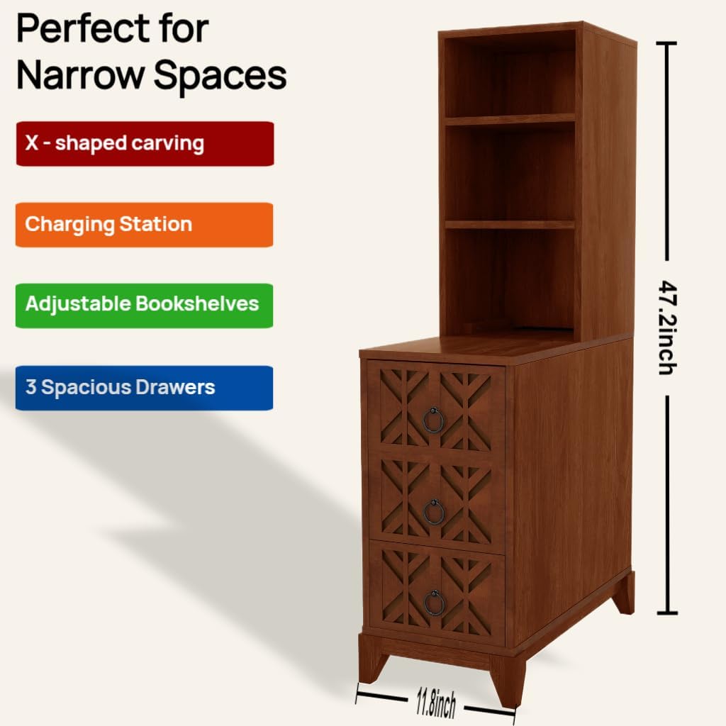 Wood Tall Nightstand with Charging Station, 47.2' Tall End Table with 3 Storage Drawers and 2 Open Shelves, Narrow Slim Sofa Side Table for Small Spaces, Living Room, Bedroom,Corner, Walnut
