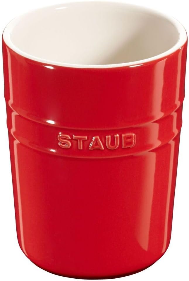Staub Ceramic Tall Utensil Holder Crock with Silicone Bottom, Cherry Red