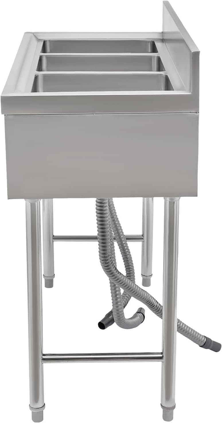 Stainless Steel Sink Set, Commercial Free Standing Three Bowl Kitchen Sink With Faucet & Filter Baskets, Portable Large Capacity 3 Compartment Kitchen Bar Sink, 37Inch Height Easy to Assemble