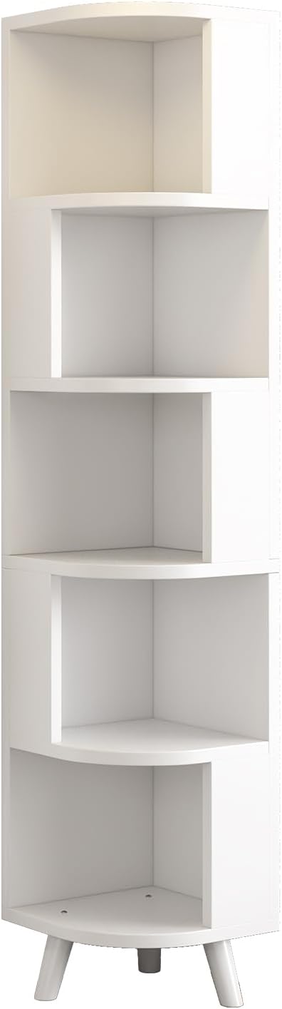 5-Tier Corner Shelf, Tall Modern Corner Bookshelf, 5 Shelf Corner Bookcase with Baffle, Freestanding Wood Corner Display Storage Shelf Organizer for Living Room, Office (White)