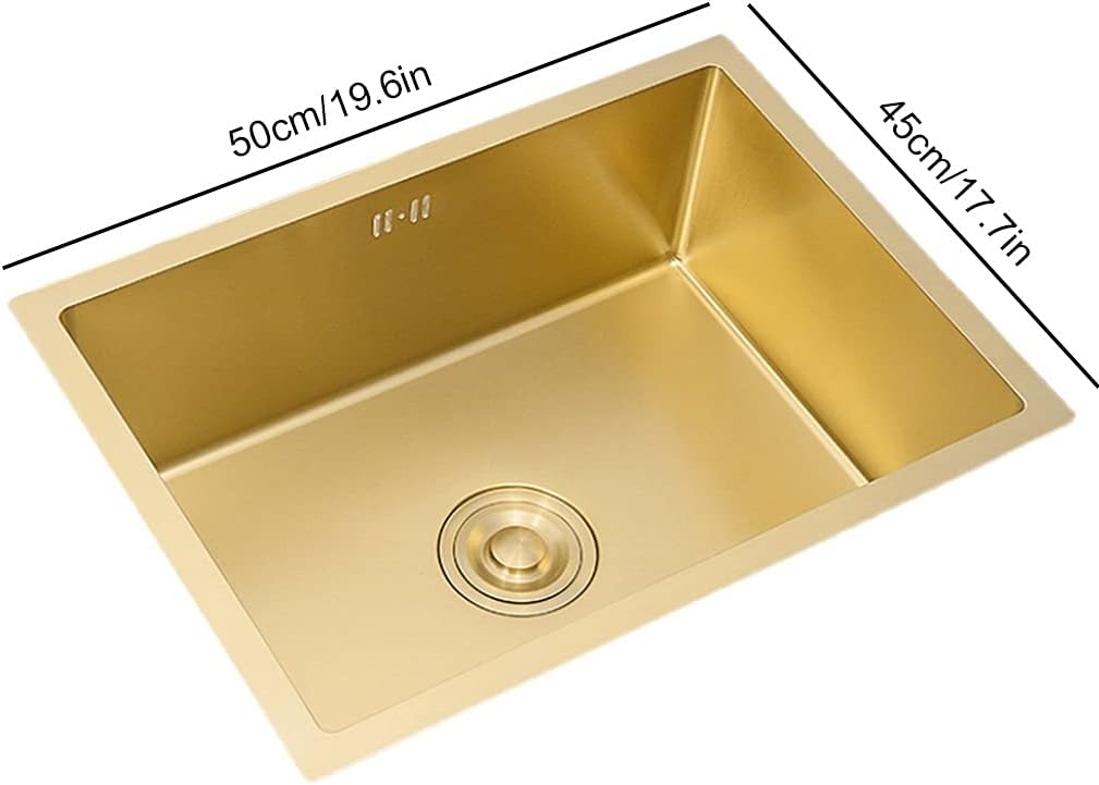 KITCHEN SINK Single Bowl Bar Counter Gold Square 304 Stainless Steel Sink with Square Stainless Steel Faucet and Drain Pipe Drop-in Or Undermount (Color : Gold, Size : 50×45×21cm) (Gold 50×45×21c