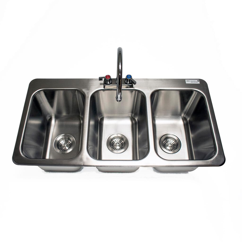 BK Resources NSF Commercial 3 Compartment Drop in Sink Faucet, 10'x14'x10' Bowl Size, 18 Gauge T-304 Stainless Steel, Top Mount, 8' Gooseneck Faucet, Seamless Deep Drawn Construction