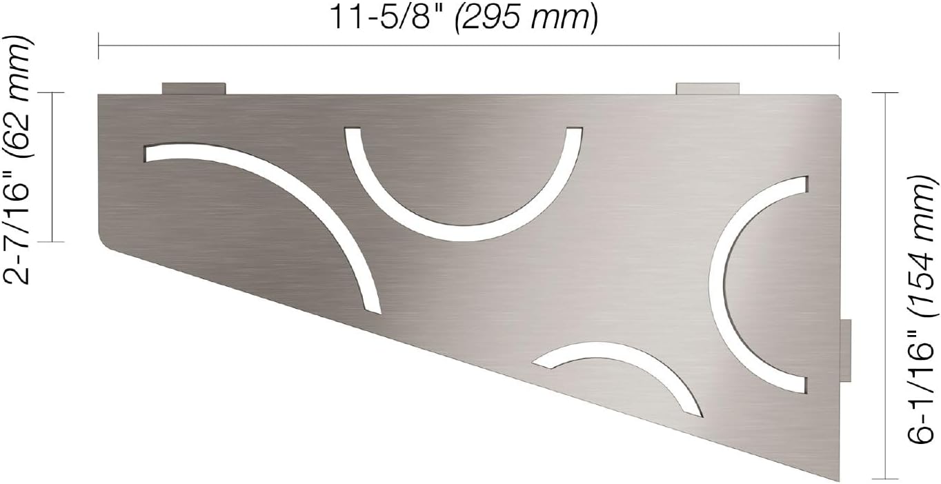 Schluter Quadrilateral Corner Shelf for Tiled Walls - Curve Design, Stainless Steel Material, Brushed Stainless Steel Finish, 3/32' Thick Anchoring Tabs - SES3D6EB