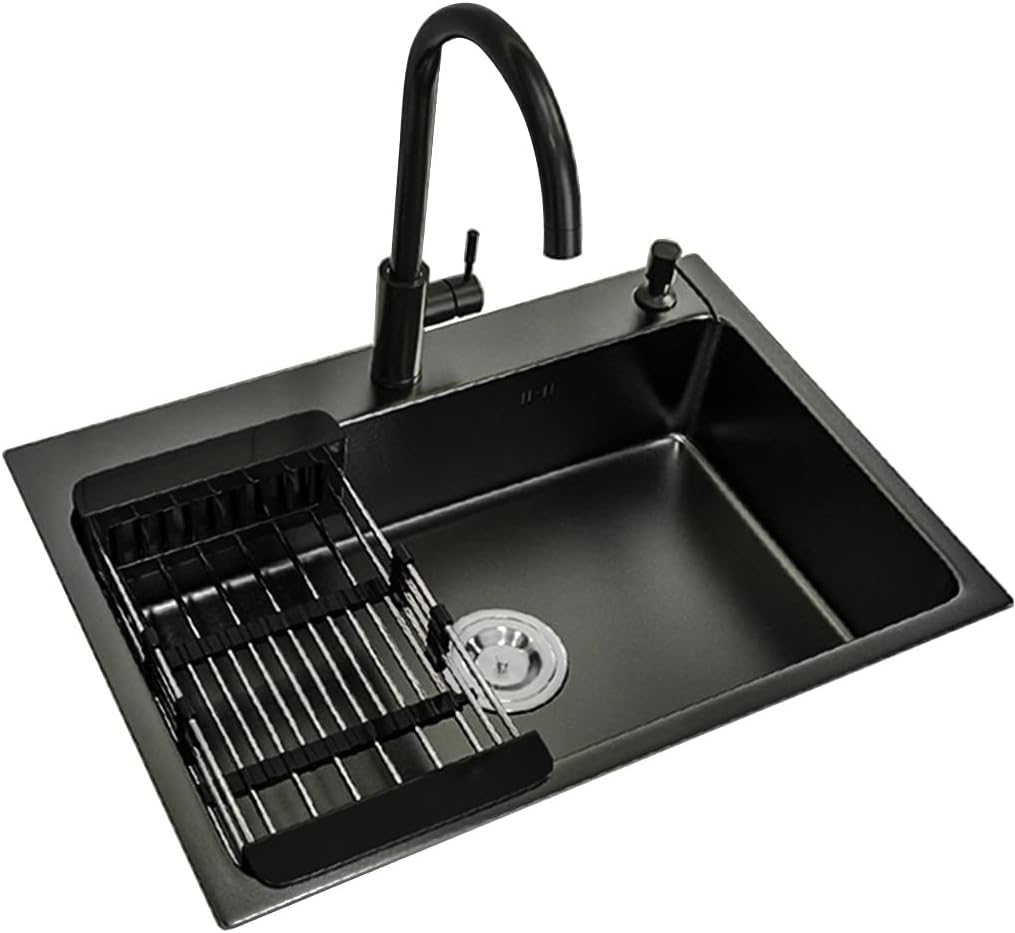 Kitchen Sink Single Bowl Bar Prep Stainless Steel with Faucet & Drain Black RV Sink Drop in Or Undermount (Color : Black, Size : 60x45x22cm) (Black 55x45x22cm)