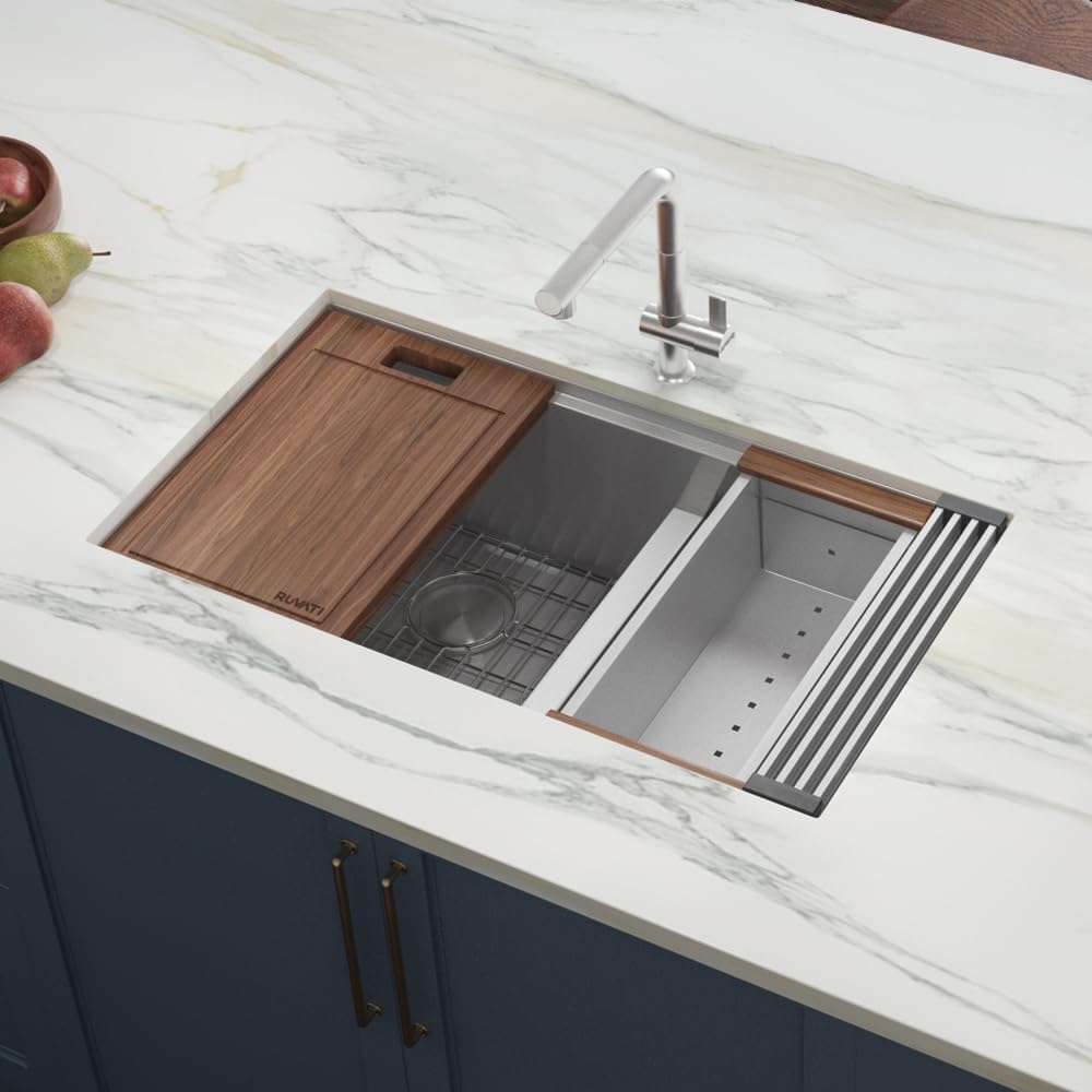 Ruvati 36-inch Workstation Kitchen Sink - 60/40 Double Bowl Undermount 16 Gauge Stainless Steel Kitchen Sink with Brushed Finish hides scratches, Easy-to-Clean Undermount Sink - RVH8359