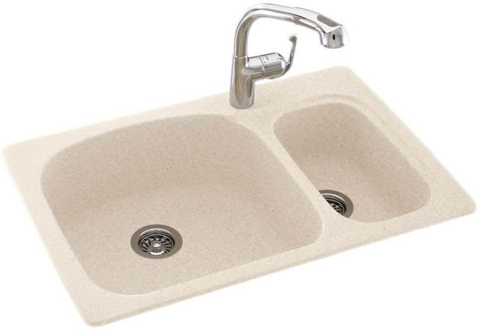 Swanstone KS03322LS.050 Solid Surface 1-Hole Drop in Double-Bowl Kitchen Sink, 33-in L X 22-in H X 9-in H, Tahiti Desert