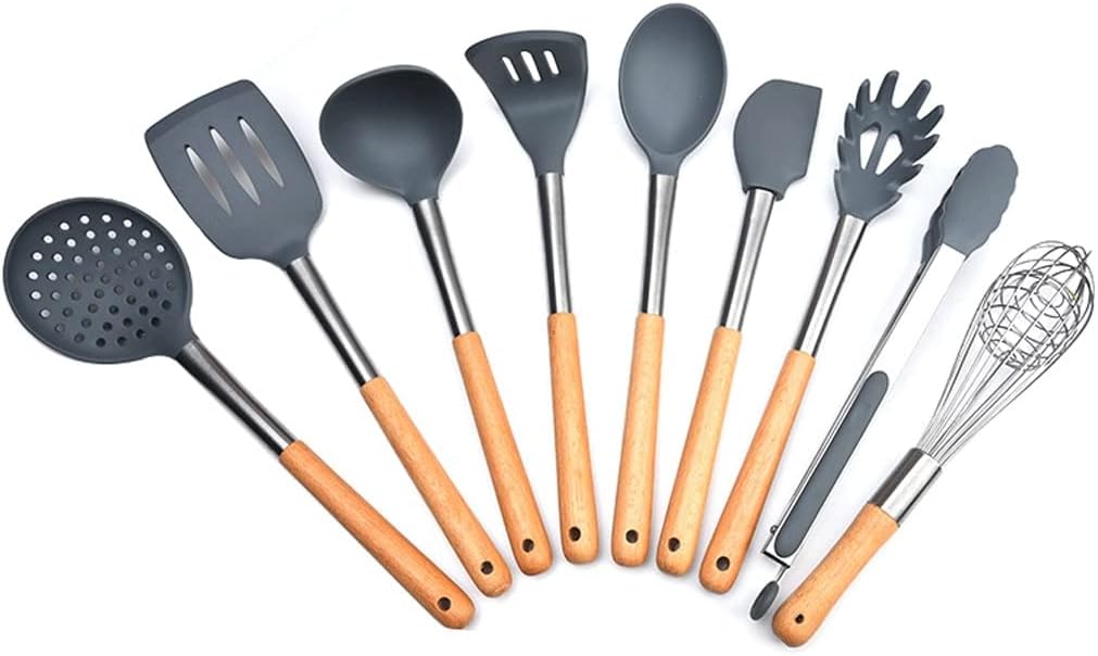 Silicone Cooking Utensil Set, 9 Piece - Cooking Utensils Set with Wood Handles for Nonstick Cookware