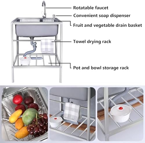 Freestanding Utility Sink,Outdoor Sink Set,Outdoor Sink Station,Free Standing Single Bowl Kitchen Sink,Commercial Restaurant Kitchen Sink,Stainless Steel Ut(54 * 40cm/21 * 17in