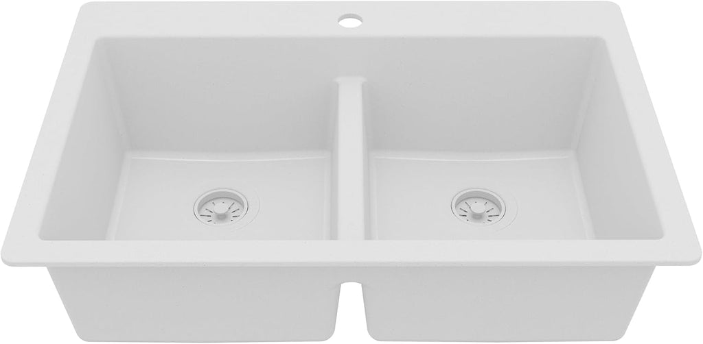 Karran 33 Inch White Quartz Composite Double Bowl Kitchen Sink, Top Mount Drop-In 50/50 Low Divider, Heat & Impact Resistant Granite Quartz Sink with Sound Dampening, QT-810