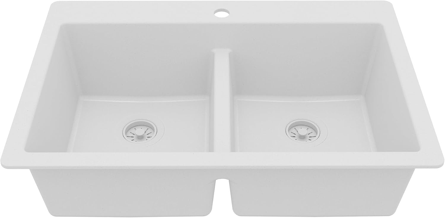 Karran 33 Inch White Quartz Composite Double Bowl Kitchen Sink, Top Mount Drop-In 50/50 Low Divider, Heat & Impact Resistant Granite Quartz Sink with Sound Dampening, QT-810