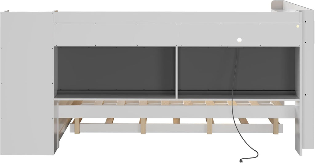 Merax Full Size Daybed with Storage Shelves and Trundle, Wooden Corner Bed with Charging Station, LED Light, Desk, Upholstered Headboard and Backrest, No Spring Box Need