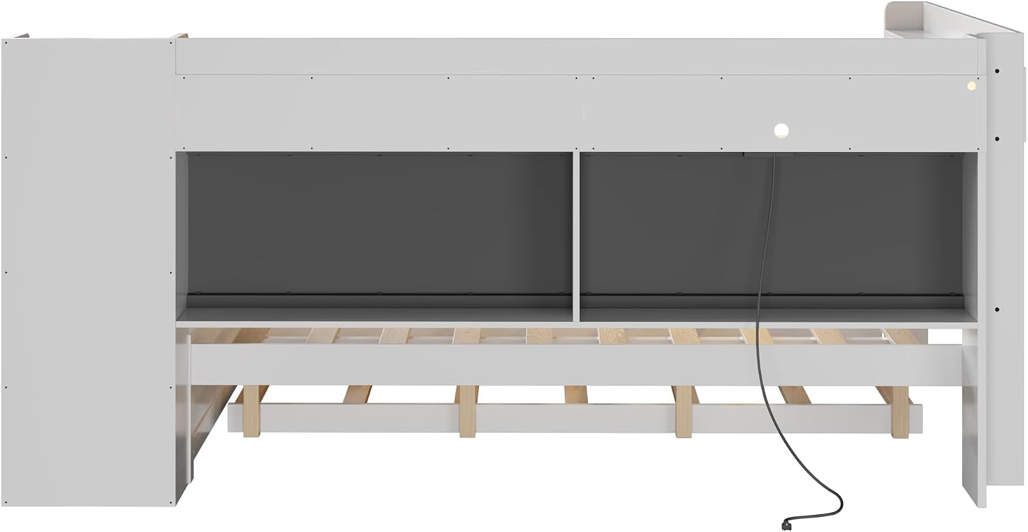 Merax Full Size Daybed with Storage Shelves and Trundle, Wooden Corner Bed with Charging Station, LED Light, Desk, Upholstered Headboard and Backrest, No Spring Box Need