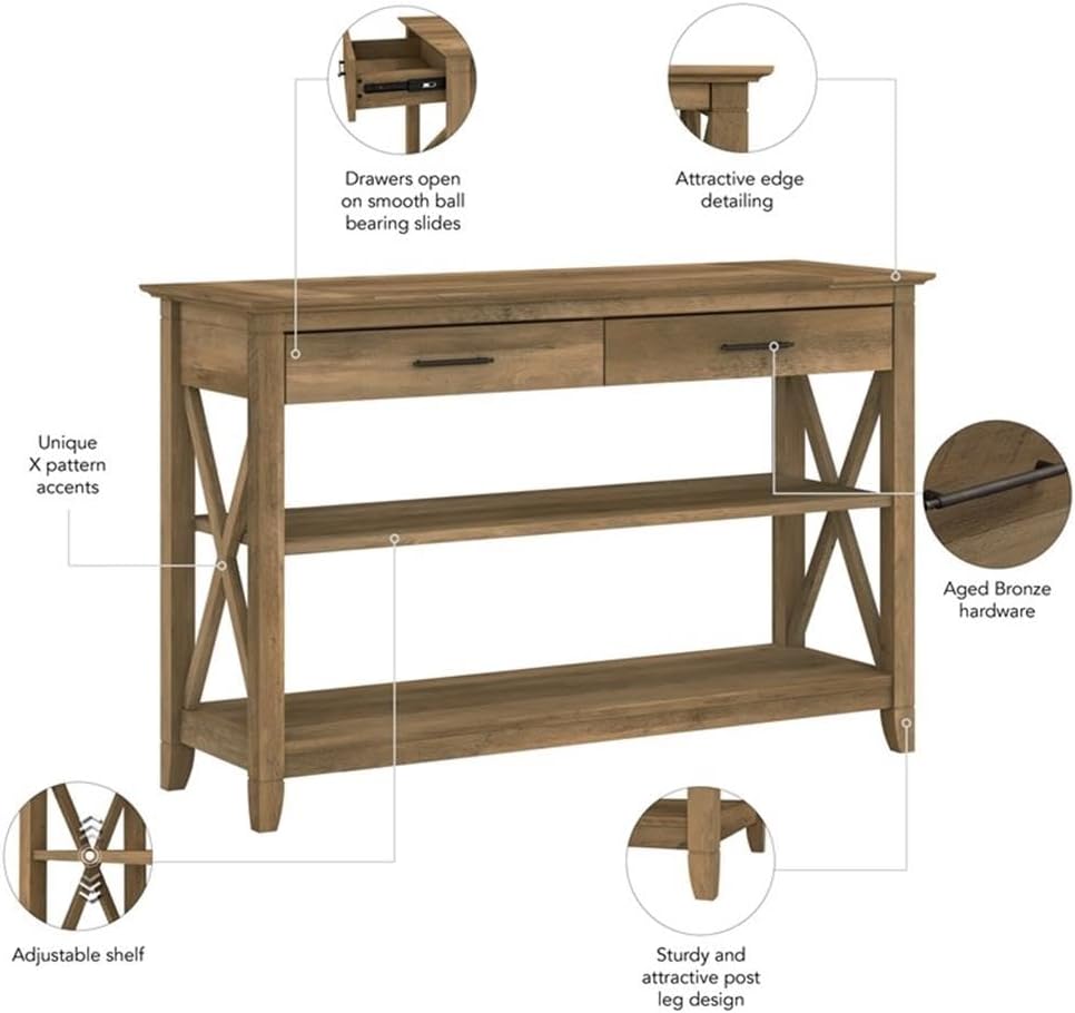 Bush Home Key West Console Table with Drawers and Shelves in Reclaimed Pine, Living Room Storage Solution with Shelving for Media and Books