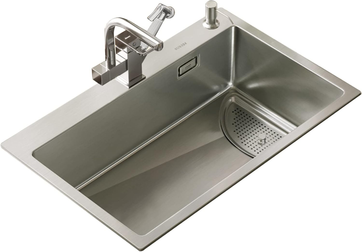 Square Brushed Single Bowl Kitchen Sink/ 304 Stainless Steel Bar Prep Sink with Drain Pipe and Installation Kit Drop in Or Undermount (Color : NO Faucet, Size : 68x45x23.5cm) (Dhave Faucet 72x45x