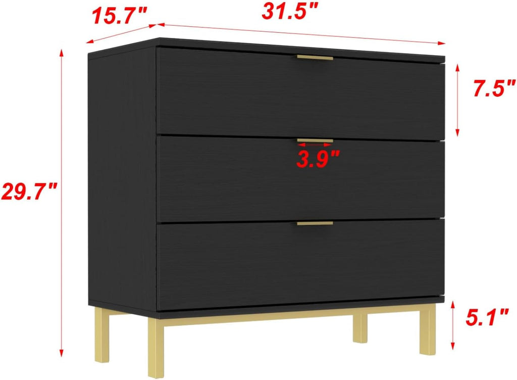 Large Black Nightstand Modern End Table with 3 Drawers, Gold Metal Handles & Legs, Bed Side Table for Living Room, Black and Gold, 31.5'W x 15.7'D x 29.5'H