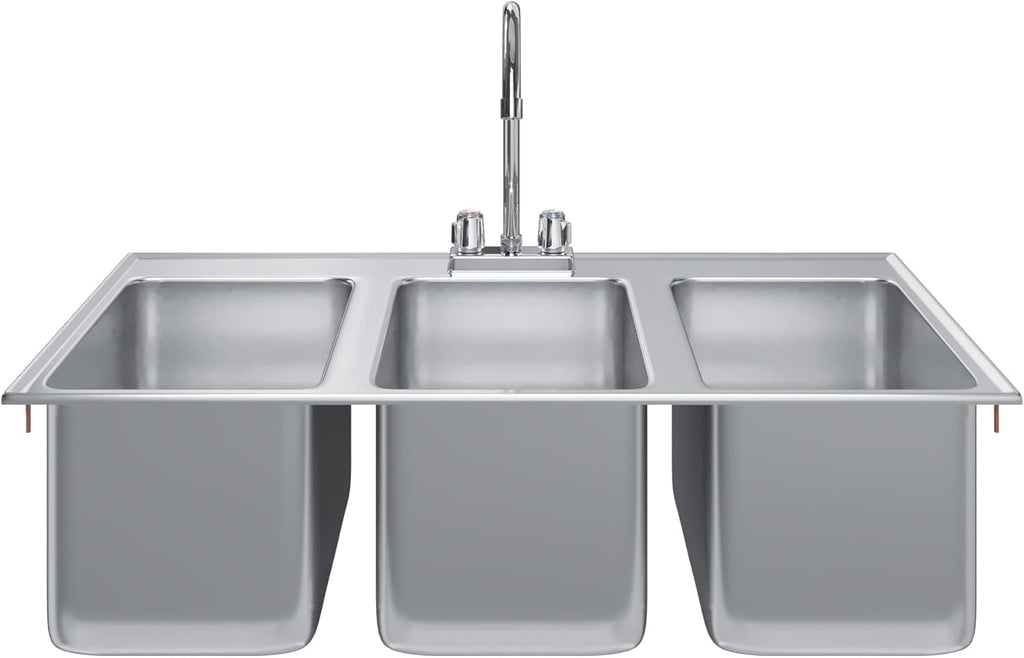 Commercial 3 Compartment Stainless Steel Drop-In Sink – 36' x 18' with Faucet | NSF 3-Bay Utility Sink for Restaurant, Bar & Kitchen Use