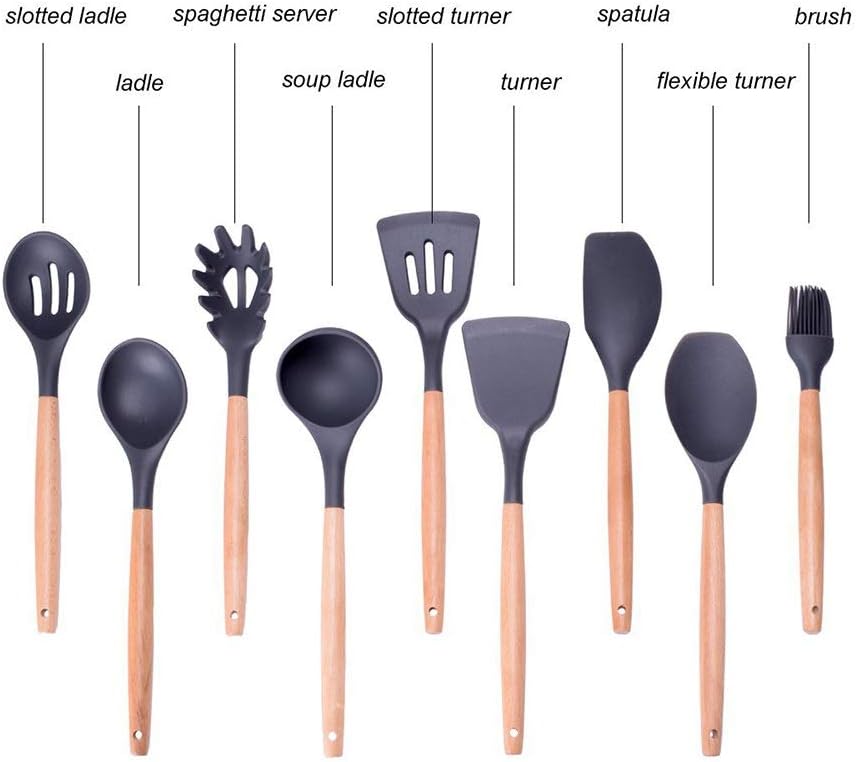 Wood Handle Silicone Nonstick Kitchen Utensil Set for Cooking Gadgets Cooking Utensils Set with Wood Handles Cookware ladle，