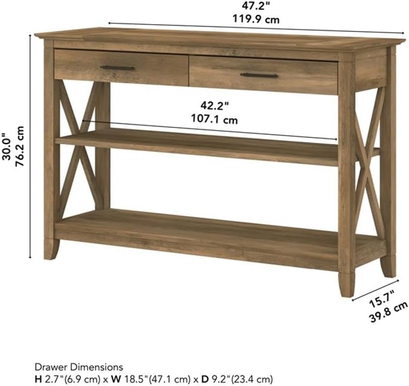 Bush Home Key West Console Table with Drawers and Shelves in Reclaimed Pine, Living Room Storage Solution with Shelving for Media and Books