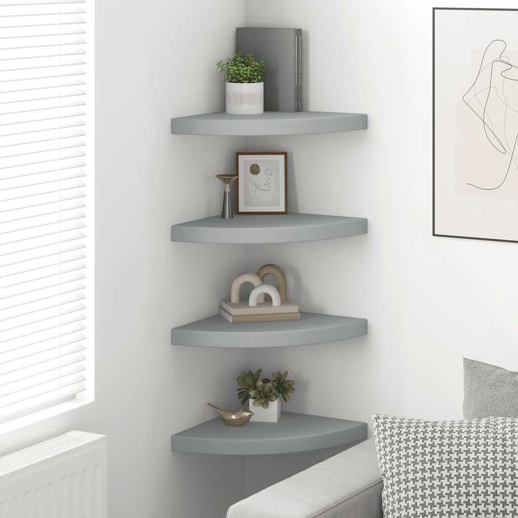 Set of 4 Floating Corner Shelves, Wall Mounted Triangular Display Storage Rack for Bedroom, Living Room, Kitchen, Modern Matte Grey MDF Wood
