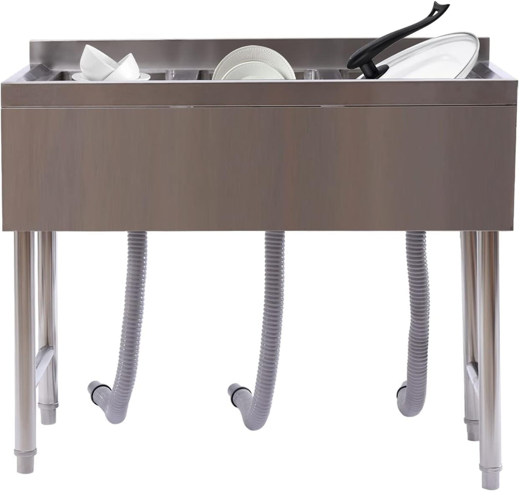 3 Compartment Kitchen Sink Stainless Steel Commercial Utility Sink Triple Bowl Underbar Standing Basin for Restaurant Bar Laundry Garage, 38.5 * 18.75 * 33in Silver