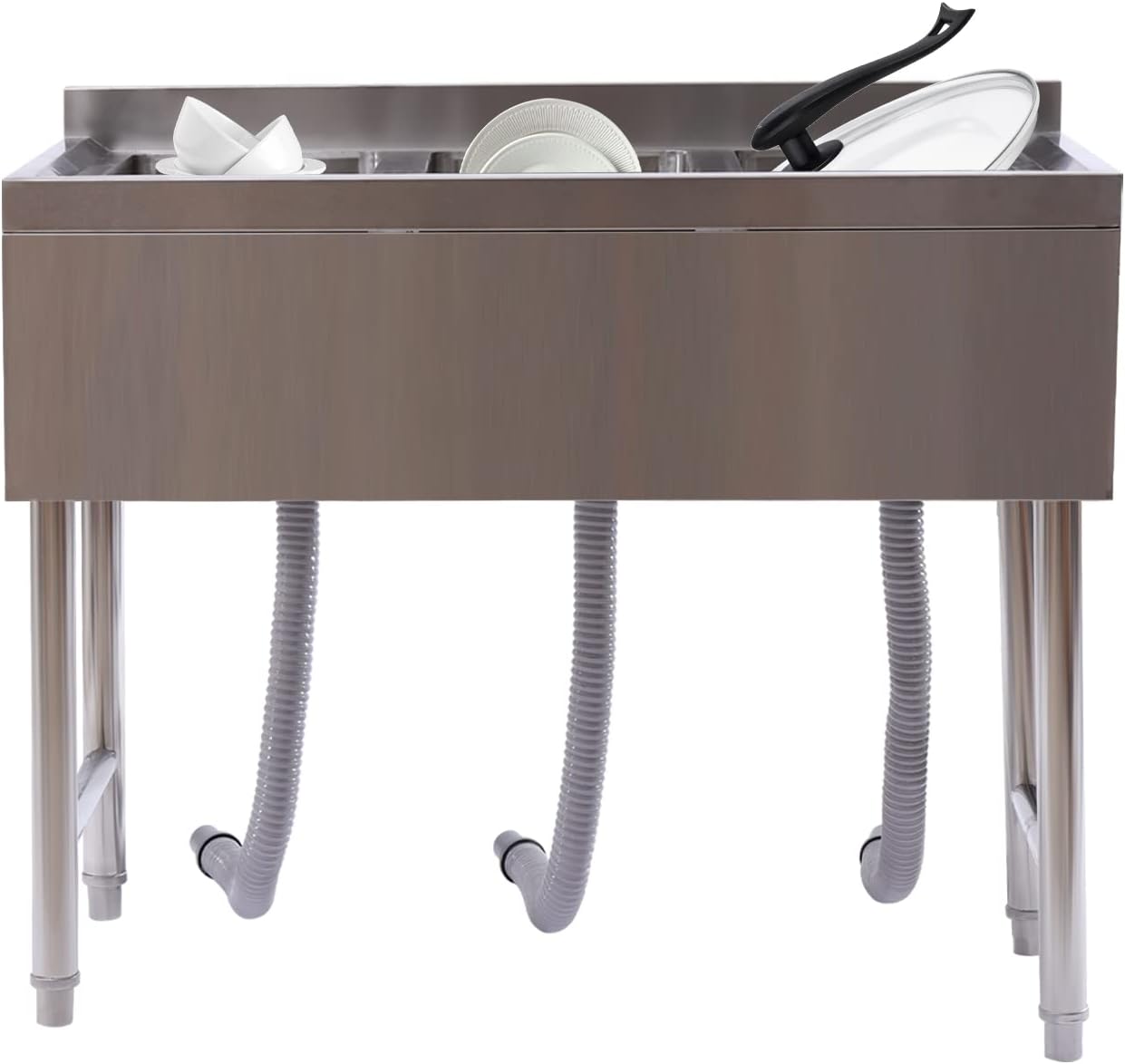 3 Compartment Sink, 38.5x18.75x33 In NSF 304 Stainless Steel Sinks Commercial Large Freestanding Triple Bowl Under Bar Sink w/10x14x10 In Single Bowl Basin for Restaurant, Bar, Kitchen