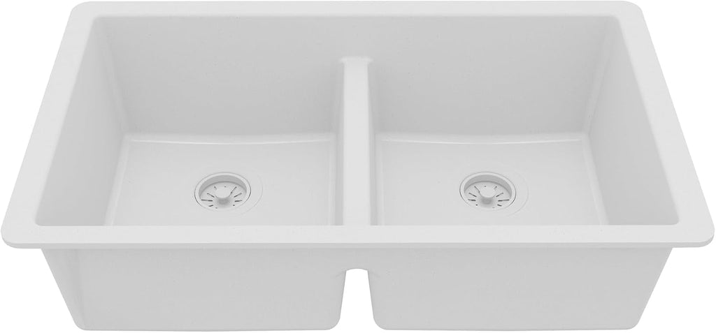 Karran 32' White Quartz Composite Undermount Double Bowl Kitchen Sink with Low Divider – 50/50 Equal Bowl, 535°F Heat Resistant, Sound Dampening, QU-810