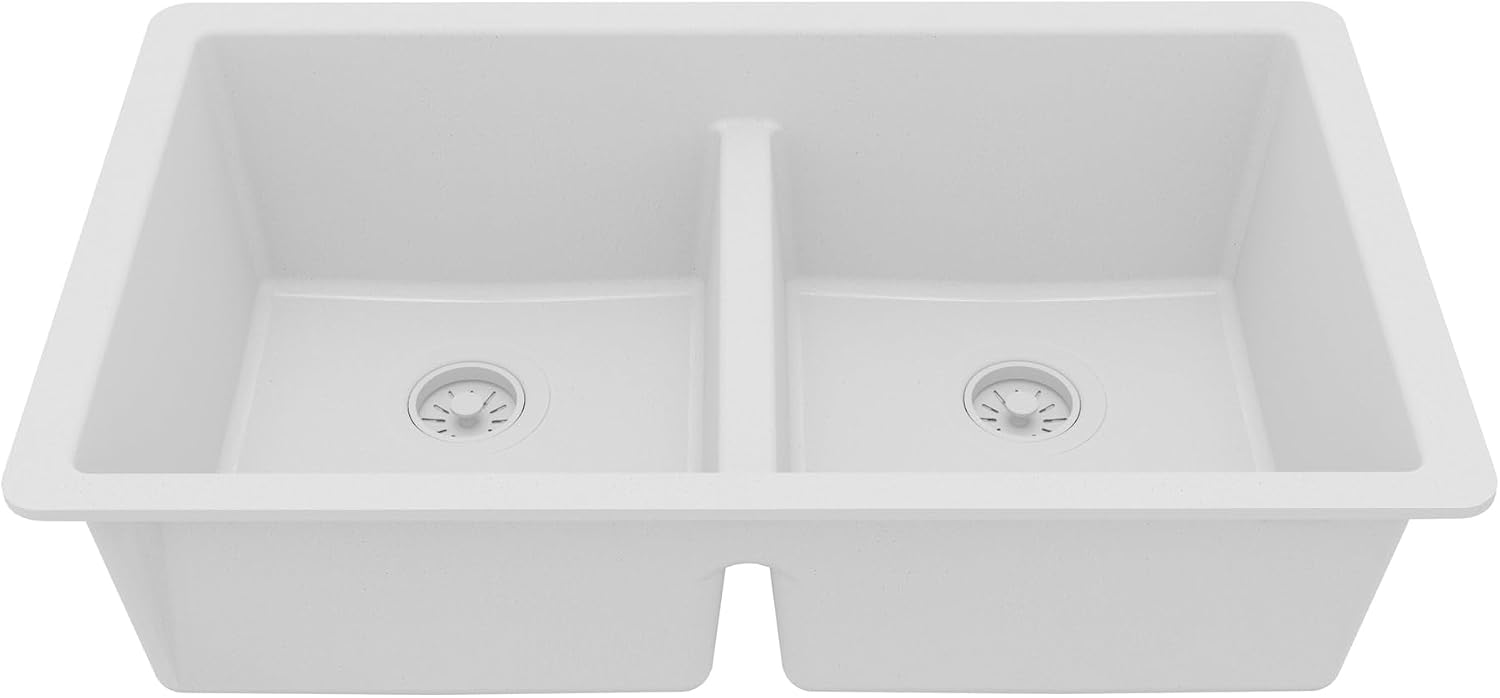 Karran 32' White Quartz Composite Undermount Double Bowl Kitchen Sink with Low Divider – 50/50 Equal Bowl, 535°F Heat Resistant, Sound Dampening, QU-810