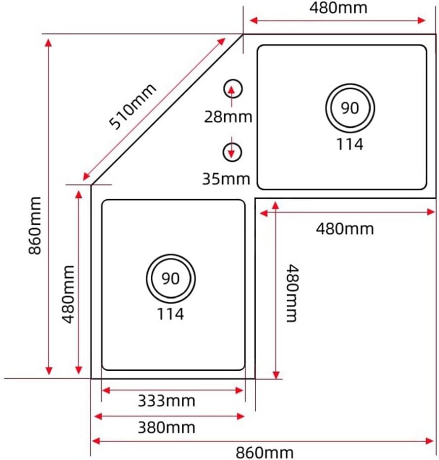 Gold Kitchen Sink Double Bowl Stainless Steel Corner Sink Handmade Dishwashing Sink, 9 Kits for You to Choose (Color : Kit-A, Size : 860x860x220mm) (KitI 860x860x220mm)