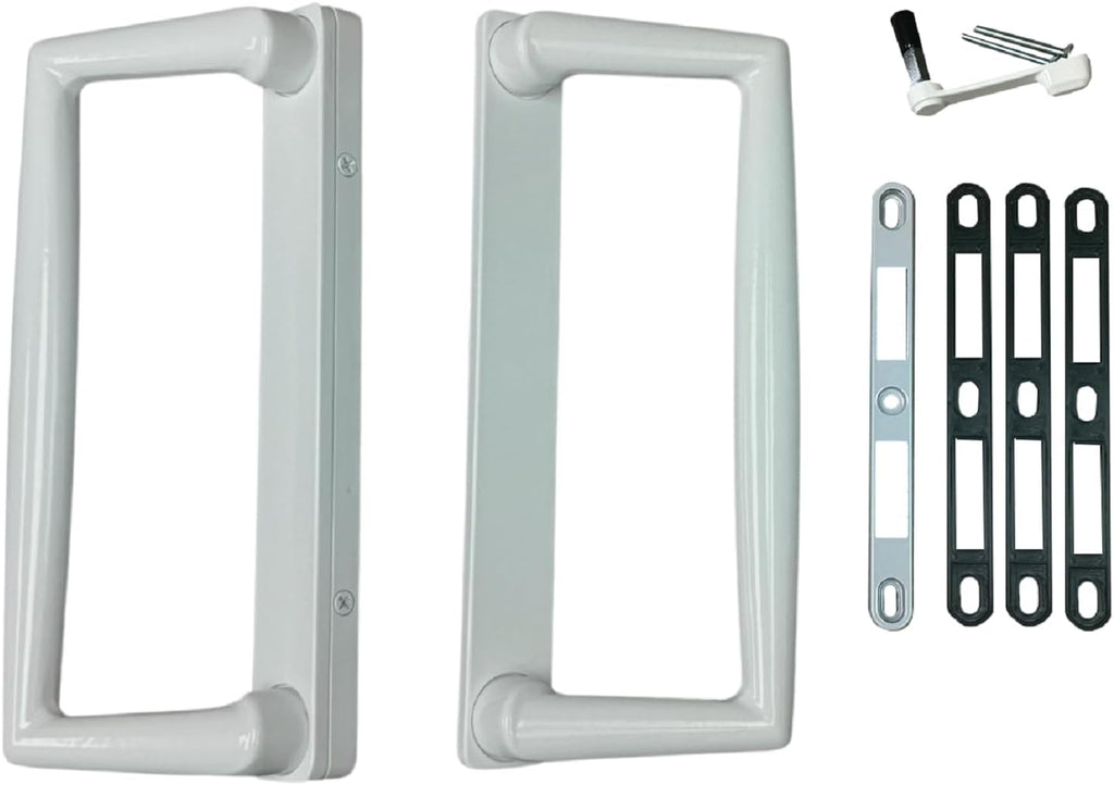 9' White PGT Sliding Glass Patio Door Surface Mount Handle Set Replacement with Thumb Latch Lever, Screws, and Keepers - 4-7/8' Hole Spacing - Fix and Repair Door Hardware