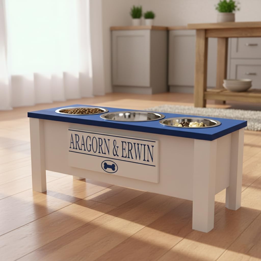 GTW Elevated 3 Bowl Dog Feeding Station - Customized Triple Stand for Large Dogs - Includes Storage & Stainless Steel Bowls (Large, Blue)
