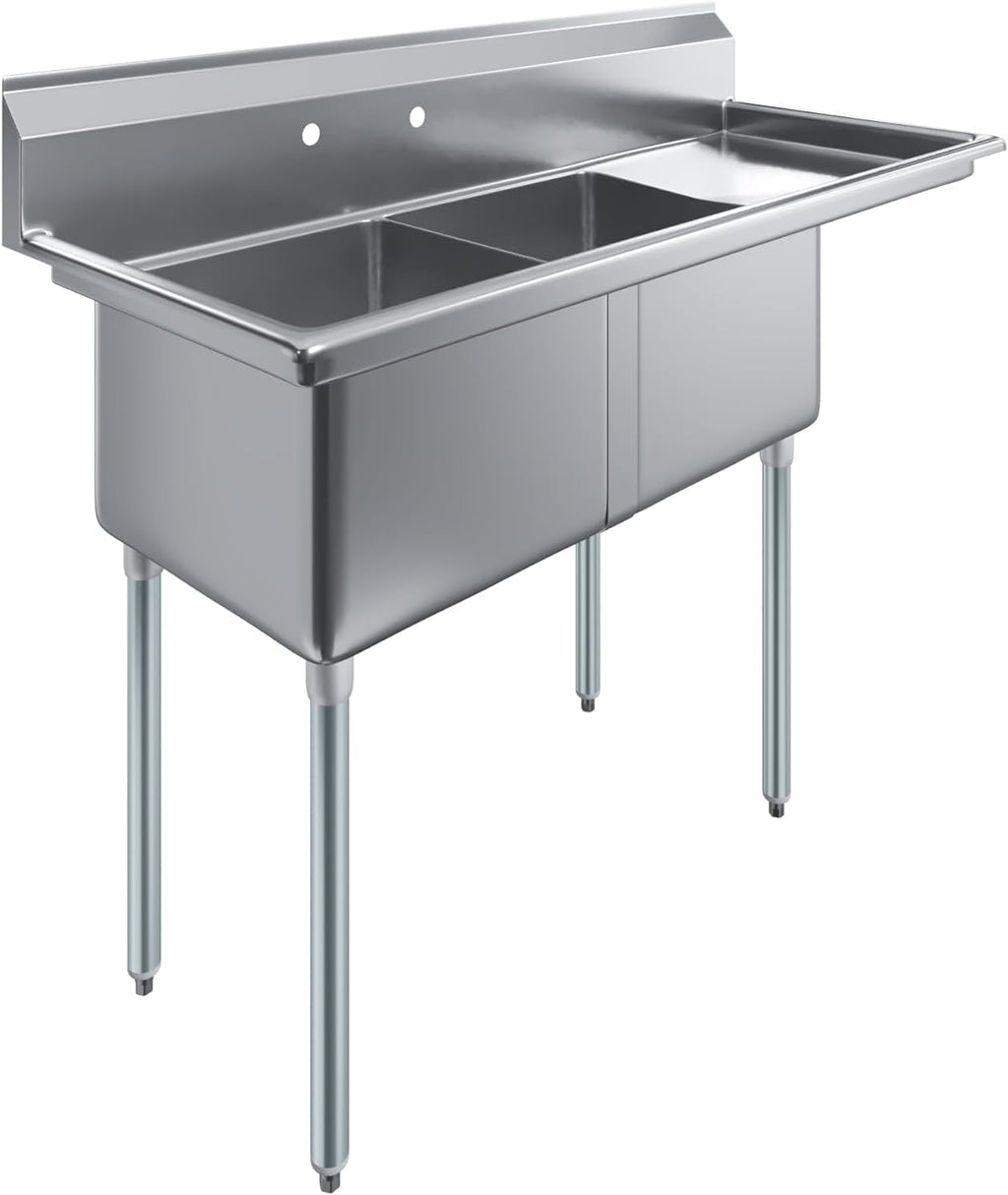 Stainless Steel Prep & Utility Sink | 304 Stainless Steel | Restaurant, Kitchen, Laundry, Garage | NSF (23 in. x 57 in. | Two Bowls | Right Drainboard)