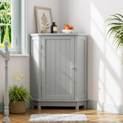 Bellemave Corner Bathroom Cabinet with Door and 2-Tier Adjustable Shelves, Floor Corner Storage Cabinet, Triangle Short Cabinets for Bathroom, Living Room (Grey)