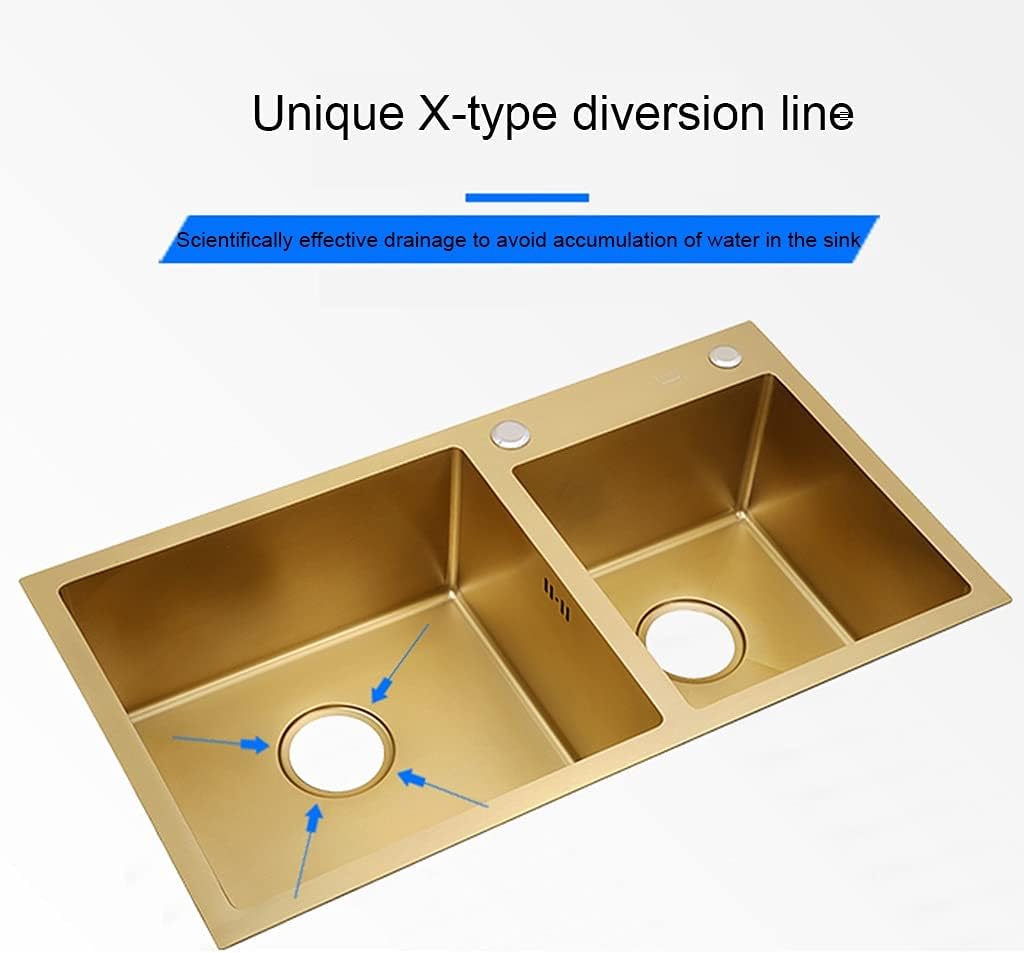 KITCHEN SINK Brushed Gold Double Bowls with Multi-functional Pull-Out Faucet and Drain Pipe Suitable for Kitchen Courtyard Office Bar Laundry Trough (Color : Gold, Size : 82×45×22cm) (Gold 82×45×2