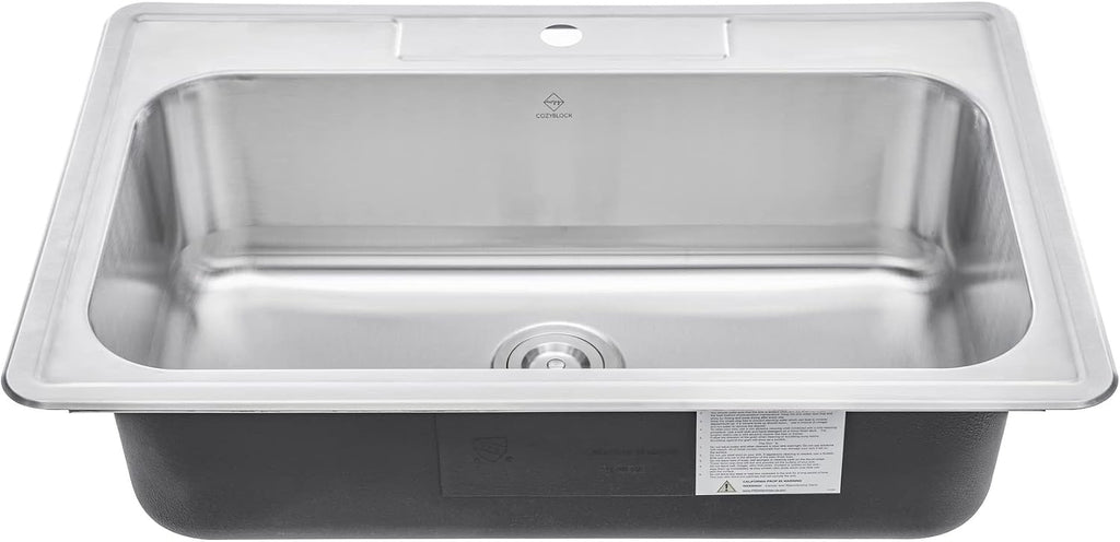 CozyBlock 33 x 22 x 9 Inch Top-mount/Drop-in Stainless Steel Single Bowl Kitchen Sink with Strainer and Protective Bottom Grid - 18 Gauge Stainless Steel-1 Faucet Hole