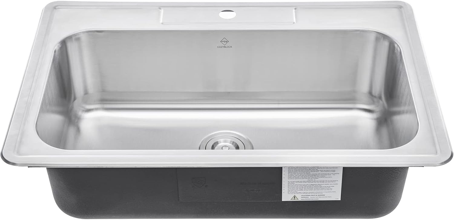 CozyBlock 33 x 22 x 9 Inch Top-mount/Drop-in Stainless Steel Single Bowl Kitchen Sink with Strainer and Protective Bottom Grid - 18 Gauge Stainless Steel-1 Faucet Hole