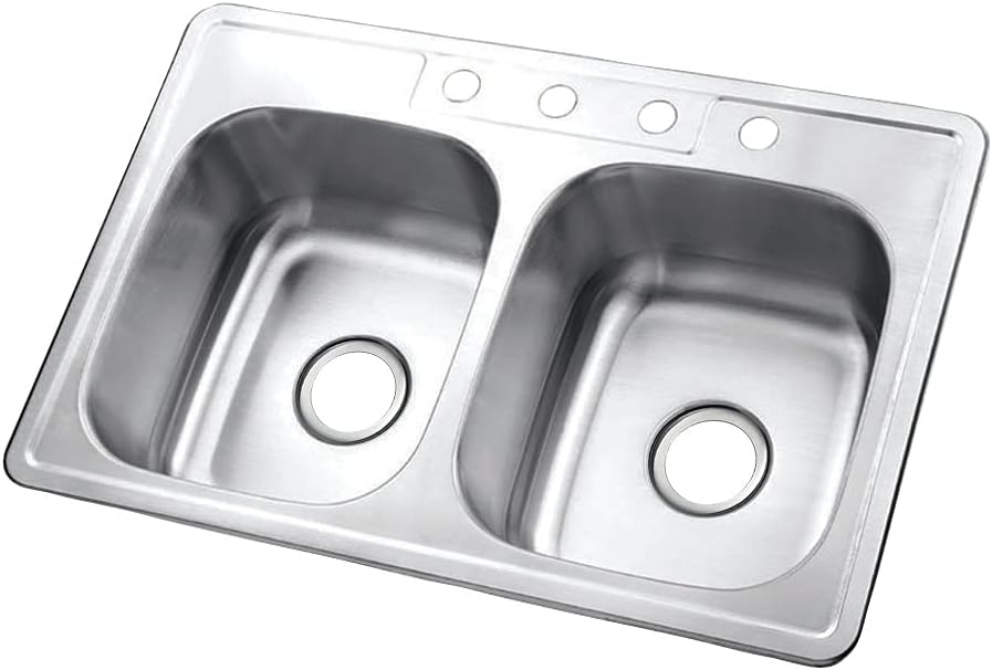 Kingston Brass Gourmetier GKTD33226 Studio Self-Rimming Double Bowl Kitchen Sink, 33-Inch L × 22-Inch W × 6-Inch H, Brushed Stainless Steel