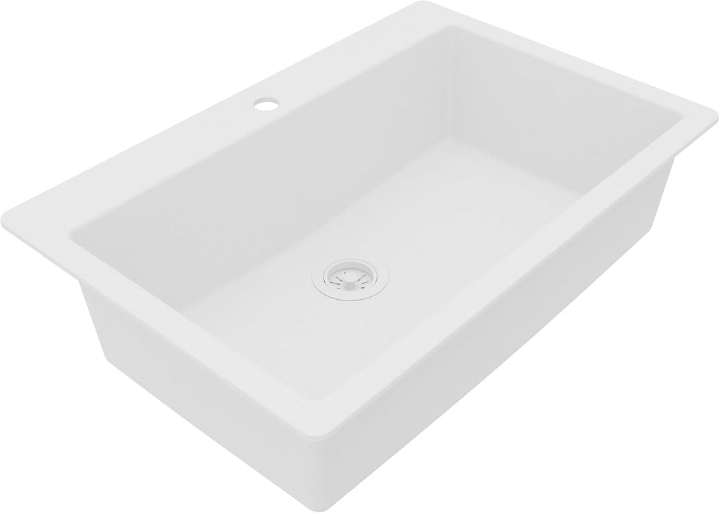 Karran 33' Drop-In Top Mount Quartz Composite Single Bowl Kitchen Sink in White – Extra Deep 9' Basin, Heat Resistant, Sound Dampening, Easy Clean Surface