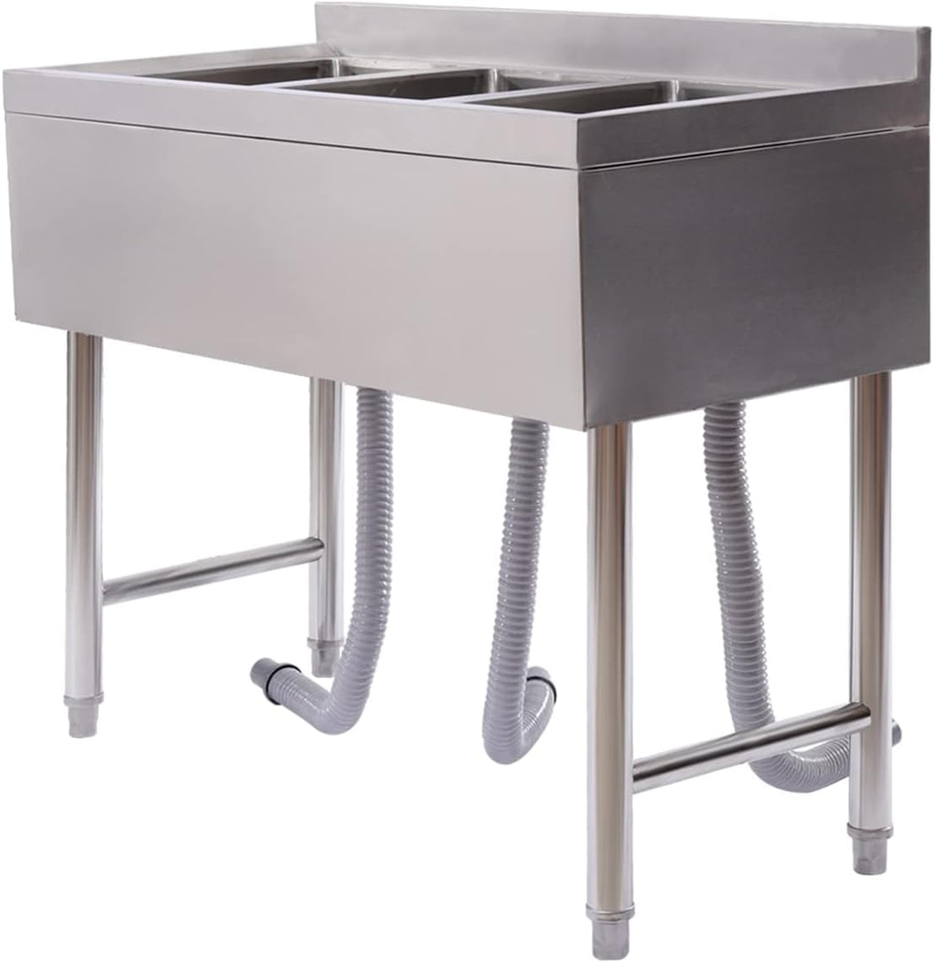 Stainless Steel Utility Sink, Triple Bowl Freestanding Commercial Kitchen Sink, 3 Compartment Washing Hand Basin Utility Sink for Restaurant Garage Laundry, L38.5*W18.8*H33in