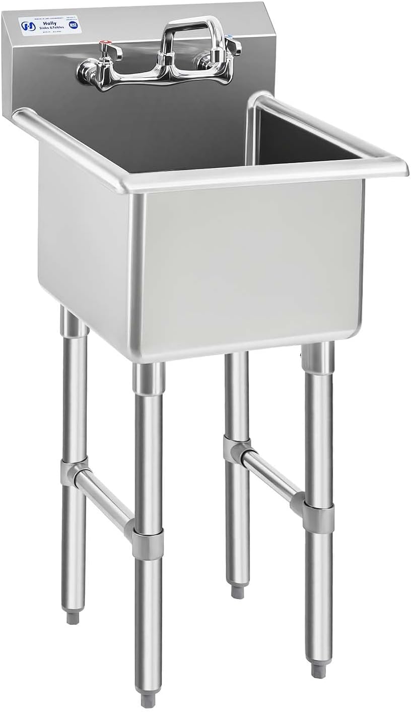 HALLY Commercial Stainless Steel Sink 1 Compartment NSF Prep & Utility Sink with 8' Faucet 15' L x 15' W x 12' D Bowl for Bar, Restaurant, Kitchen, Hotel and Home