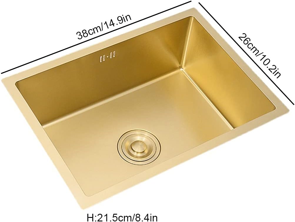 Kitchen Sink 15' Drop-in Or Undermount Single Bowl Bar Sink with with Square Faucet and Installation Kit Telescopic Drain Basket (Color : Gold, Size : 38×26×21.5cm) (Gold 38×26×21.5cm)