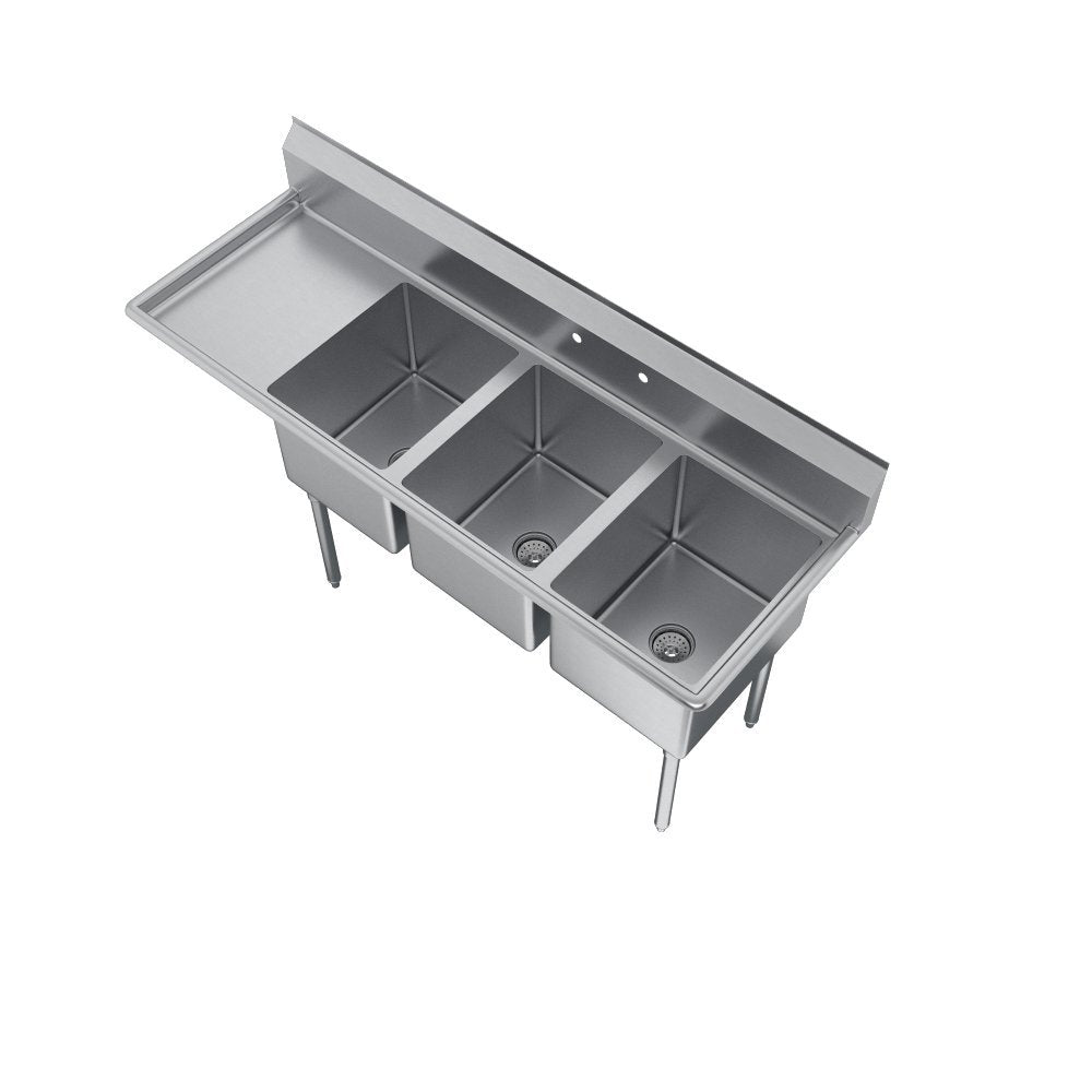 Elkay Foodservice 3 Compartment Sink, 72.5'X25.75' OA, 36' Working Height, 16X20 Bowl, 12 Deep, 9.75' Backsplash, Left 18' Drainboards, 8' On Center Faucet Hole, Galvinized Legs, Adjustable Feet, 18 Gauge 300 Series Stainless Steel, NSF Certified