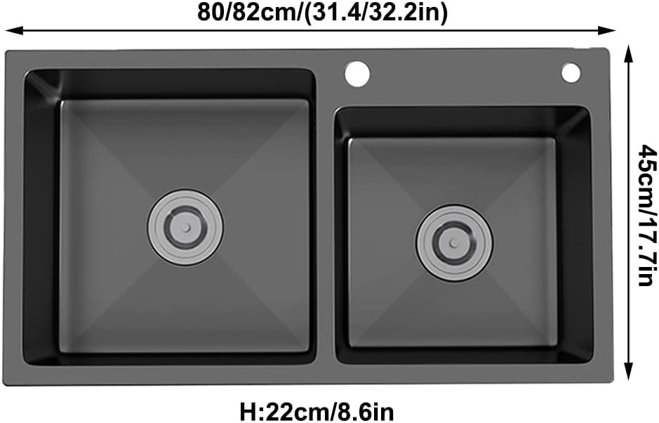 Kitchen Sink Black Double Bowl Kitchen Bar Sink Stainless Steel RV Sink with Drain Assembly Top Mount Or Undermount (Color : Black, Size : 82x45x22cm) (Black 80x45x22cm)
