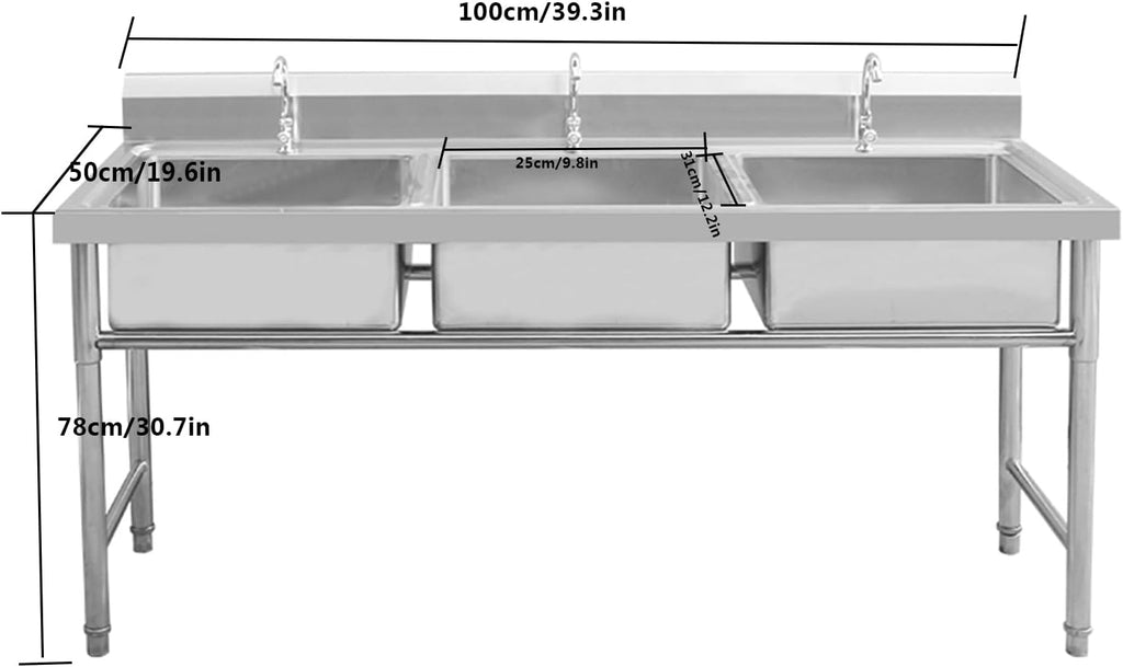 Commercial Triple Bowl Kitchen Sink, Stainless Steel Utility Sink, Washing Basin for Indoor Outdoor Garage Backyard(100X50cm/39.3X19.6in)