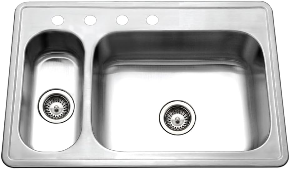 Houzer Legend Stainless Steel Kitchen Sink - 33 Inch Topmount 4-Hole 80/20 Double Small Left Bowl Kitchen Sink, Durable & Versatile, Nested 20-Pack - LHD-3322-20
